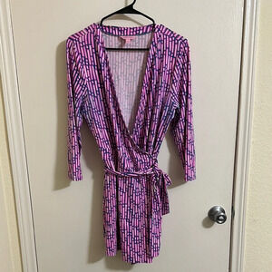 Lilly Pulitzer Pink and Teal 3/4 Sleeve Wrap Romper